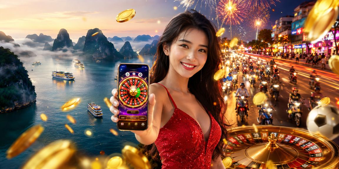 Khung cảnh Vịnh Hạ Long với màn hình roulette neon casino về đêm